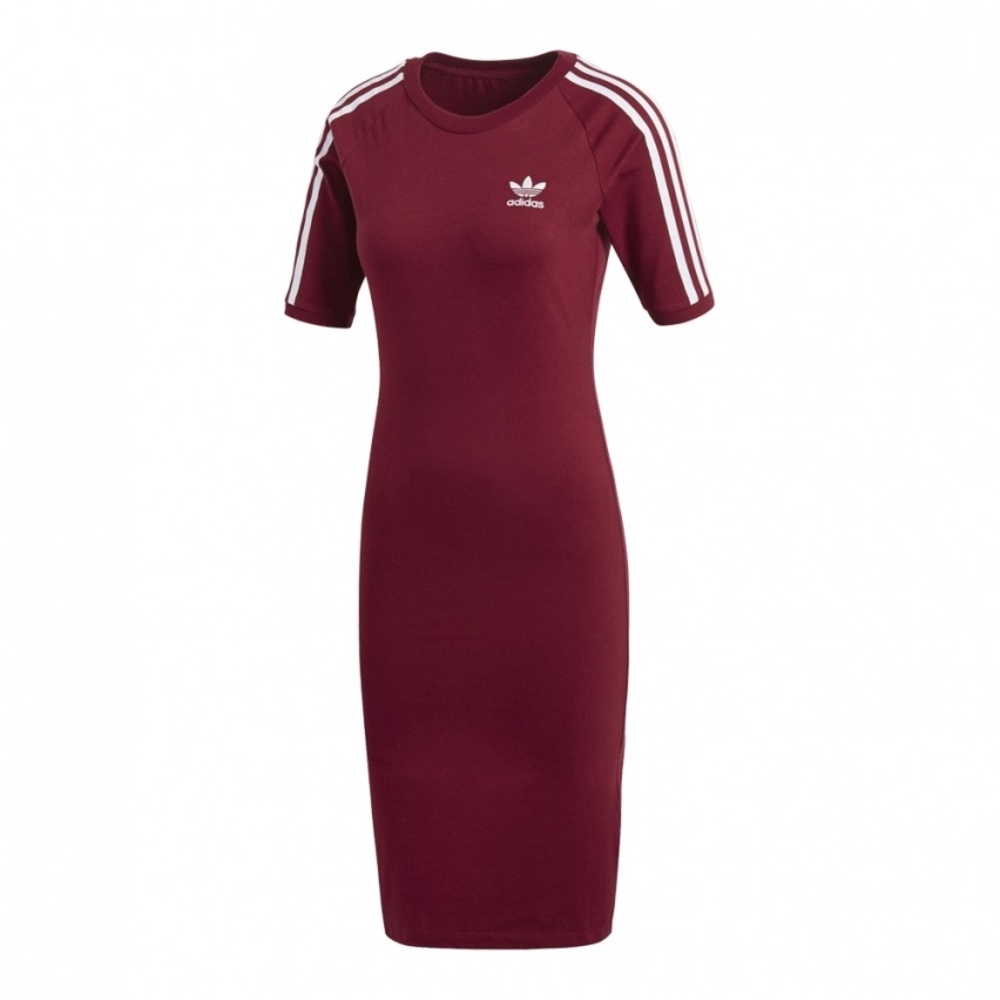 Adidas bodycon dress in burgundy and white stripes.